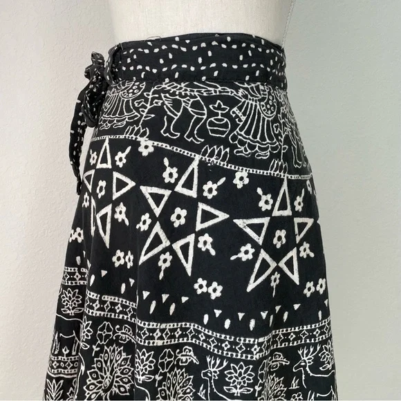VINTAGE WOVEN COTTON PRINTED WRAP SKIRT PENTAGRAM PEACOCK PAISLEY DEER FLORAL - Picture 9 of 13
